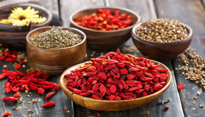 a variety of dried goji berries in bowls