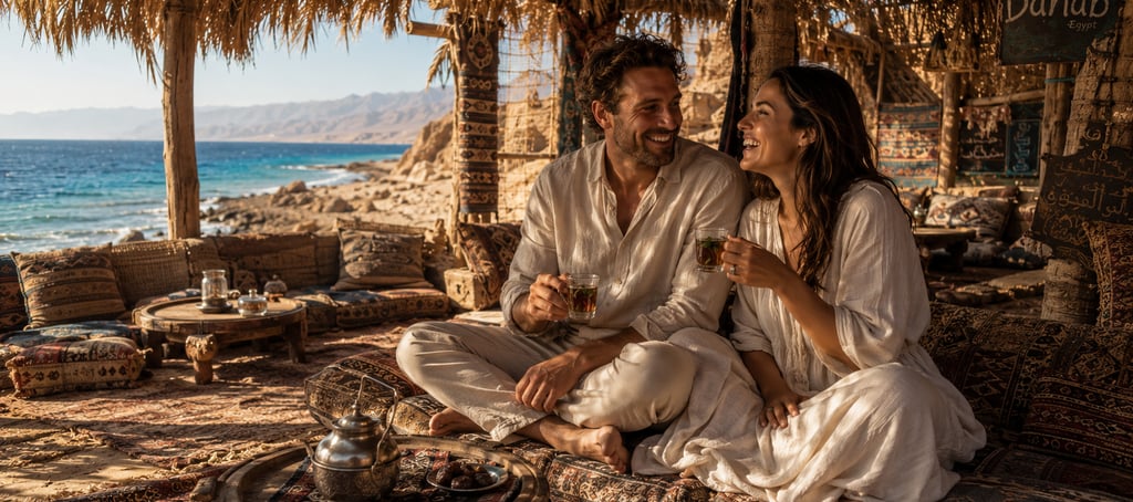 A couple drinks tea in a traditional Bedouin beach lounge in Dahab, Egypt, overlooking the Red Sea.