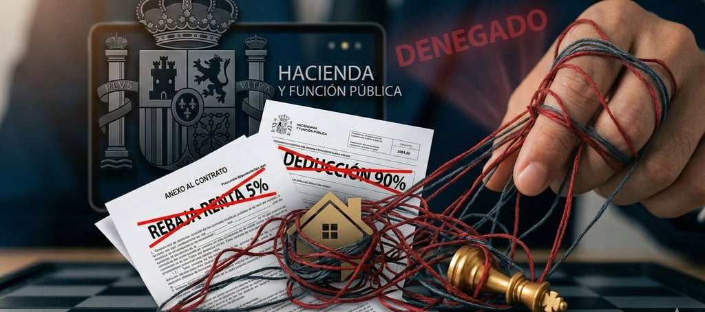Hand tangled in red string over Spanish Hacienda tax documents and a house model on a chessboard.