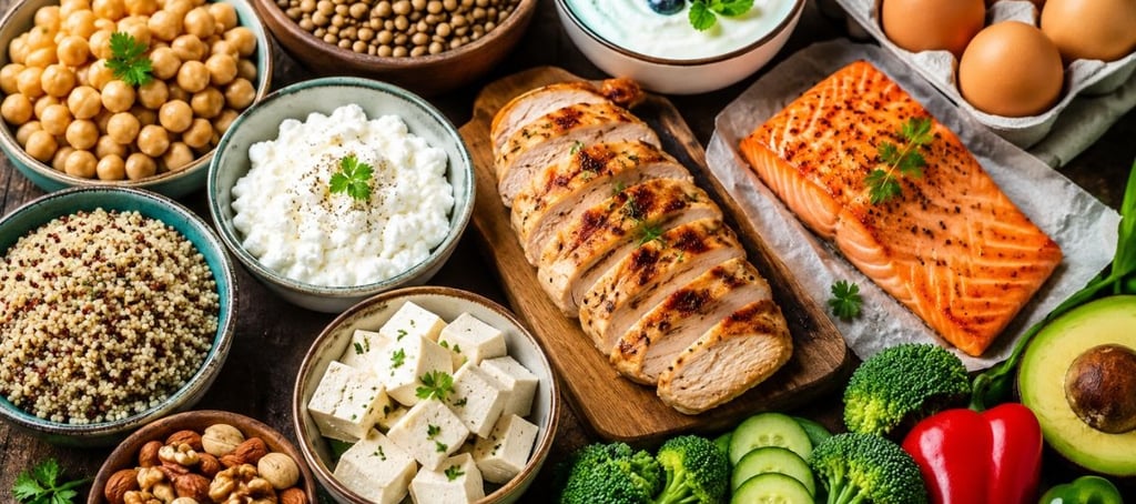 Healthy high-protein foods including chicken, salmon, eggs, Greek yogurt, lentils, tofu, quinoa, and