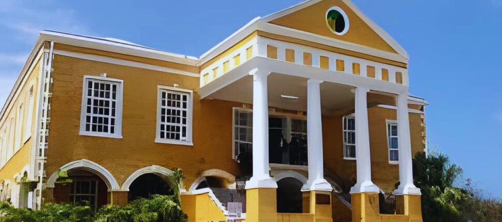 Fachada da histórica Court House em Falmouth, Jamaica, com sua arquitetura colonial e escadaria 