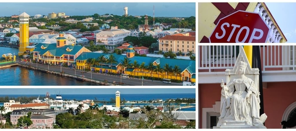 Vista de Nassau do mar com casas coloniais amarelas, centro histórico e estátua da rainha