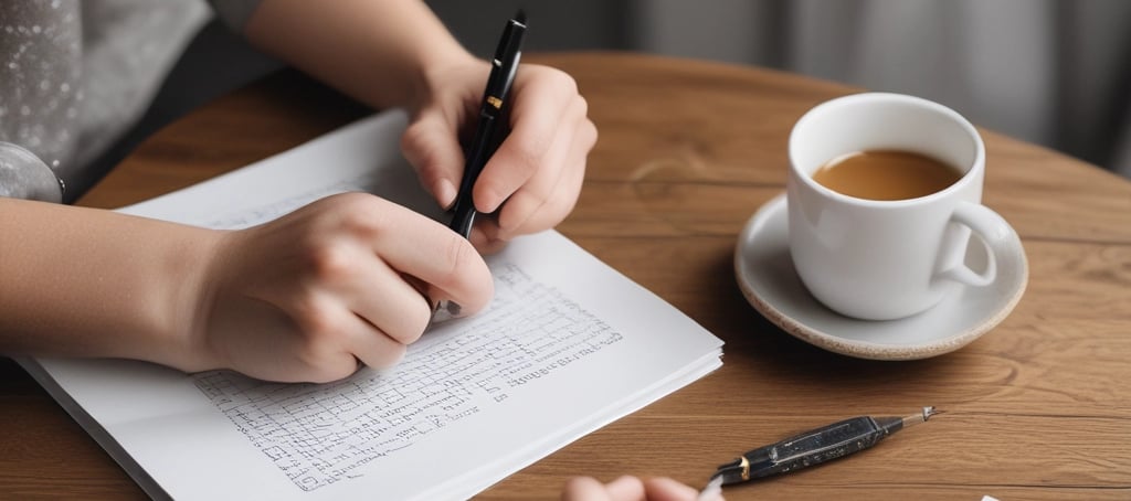 person writing on brown wooden table near white ceramic mug