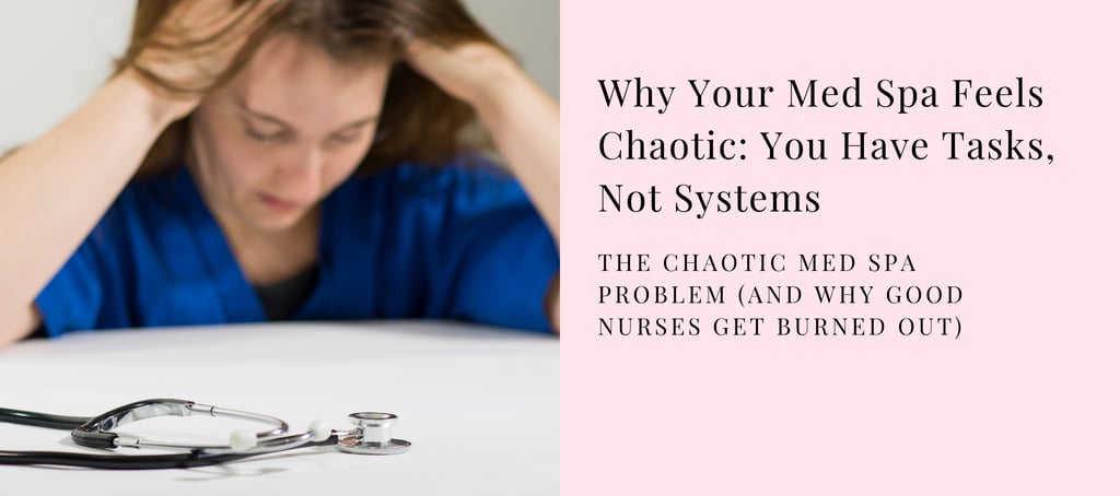 Stressed nurse in blue scrubs with a stethoscope, illustrating med spa burnout and chaotic management.
