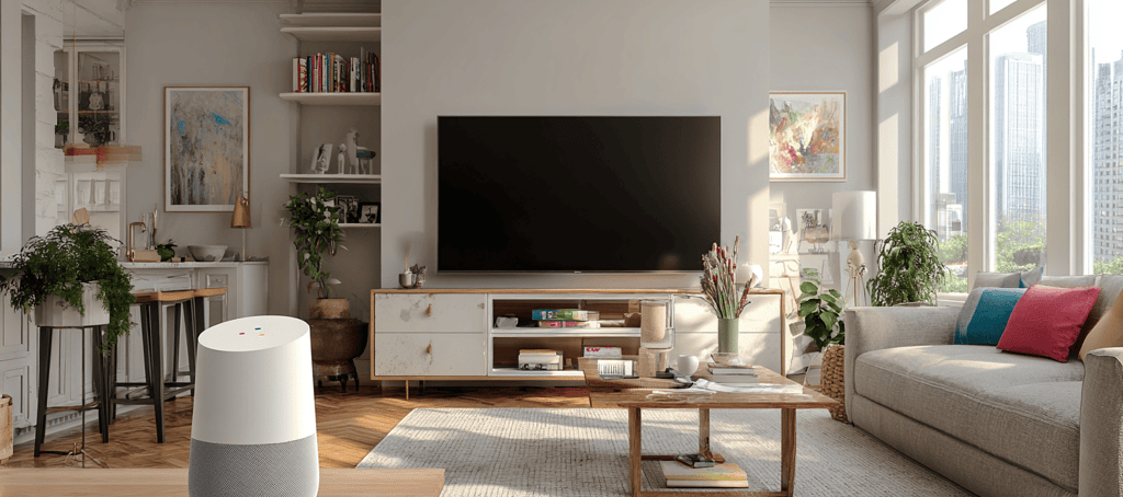 a living room with a large television and a large screen tv