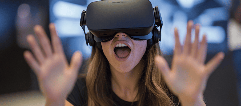 a woman wearing a virtual reality headset