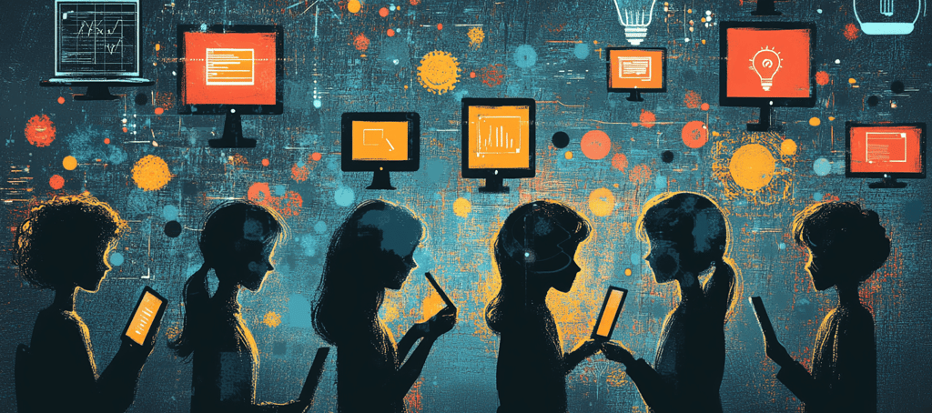 a group of people standing around a wall with many different types of devices