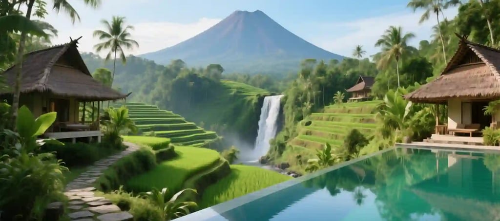 A breathtaking view of a luxury resort nestled amidst lush green rice terraces in West Java. A stunning waterfall cascades do