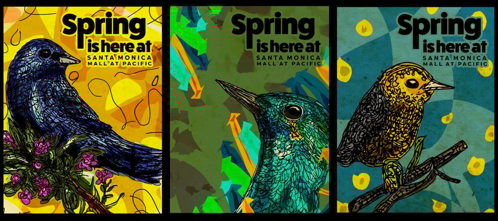 three different colored birds in a row of four different colors