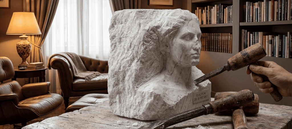 Bloco de mármore bruto transformando-se em contorno de um rosto humano