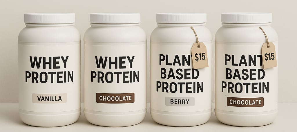 Budget-friendly protein powder containers for beginners including whey and plant-based options