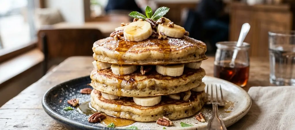 Pilha de panquecas de banana fofinhas, cobertas com nozes