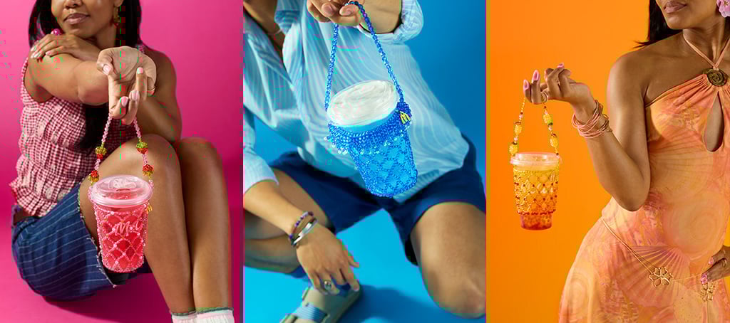 Models holding stylish handmade beaded cup sleeves and drink carriers in vibrant colors.