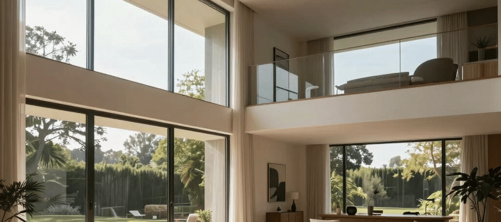 maison contemporaine lumineuse, architecture moderne baies vitrées, intérieur lumière naturelle