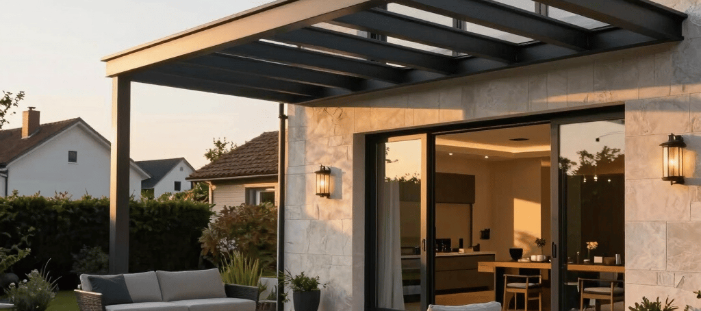 pergola aluminium moderne, terrasse maison contemporaine, pergola bioclimatique jardin
