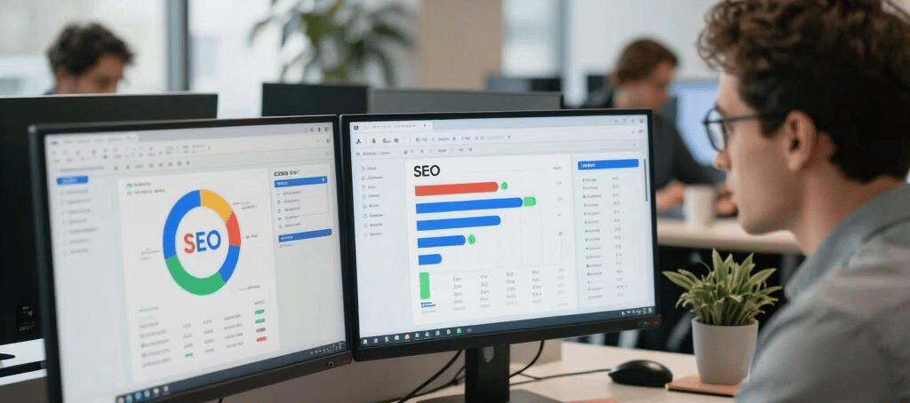 SEO entreprise moderne, référencement Google bureau, stratégie digitale entreprise