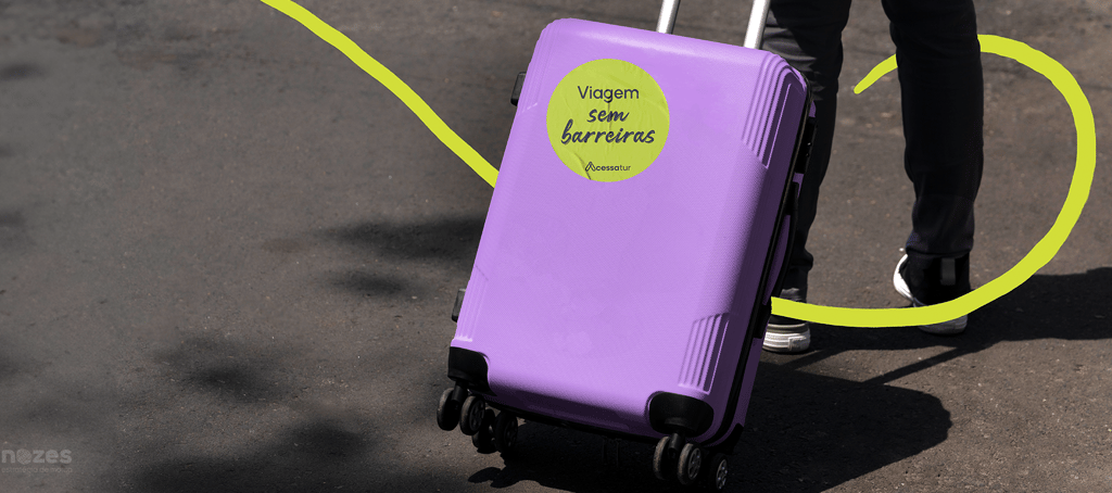 a person holding a suitcase with a yellow sticker on it