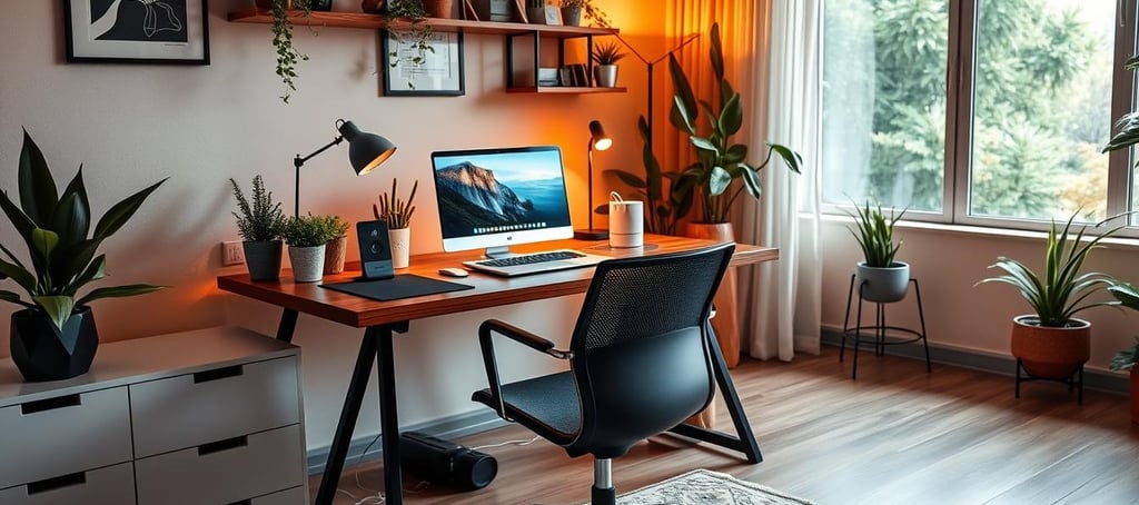 a desk with a computer and a laptop home office setup by softologics