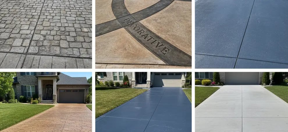 different types of concrete driveway: Stamped, exposed aggregate, decorative, colored, brush finished