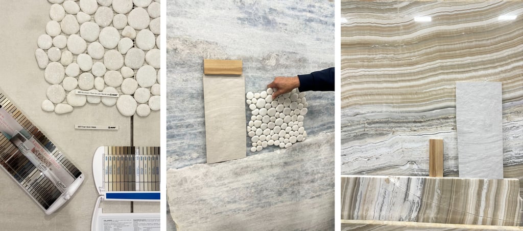 Interior designer selecting stone and tile materials on site for luxury residential renovation in New England