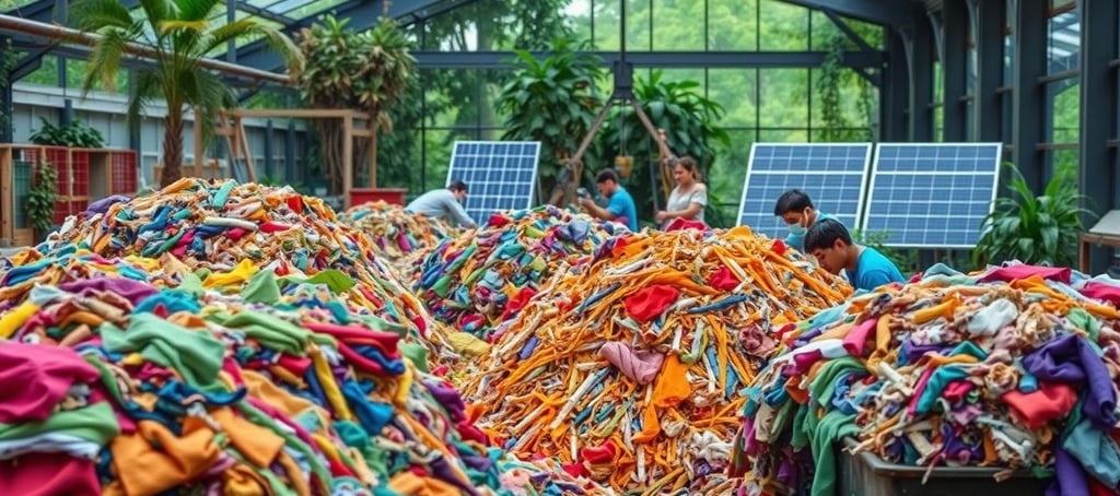 a pile of clothes and a woman in a greenhouse