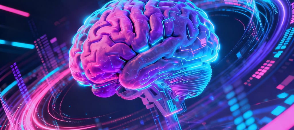 Generative AI, digital brain, vibrant lights.