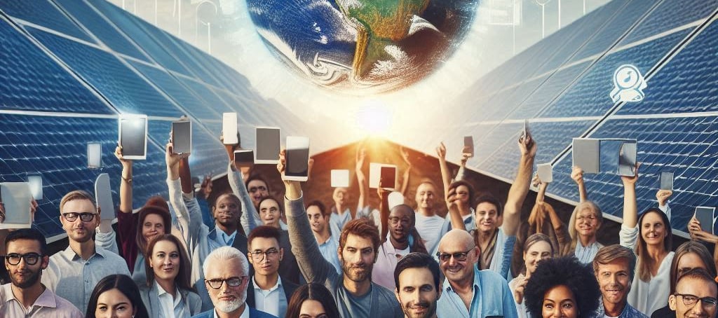 a group of people standing in front of solar panels