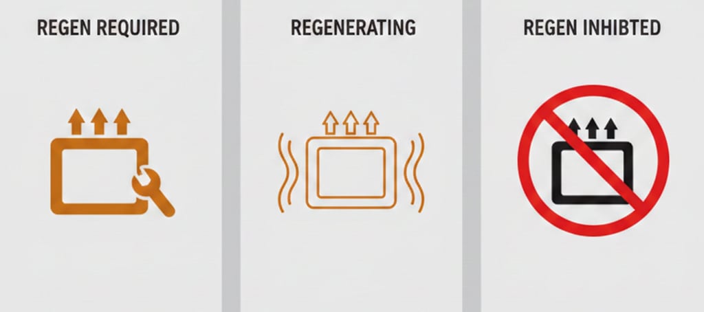 Volvo truck dashboard DPF symbols for Regen Required, Regenerating, and Regen Inhibited icons.