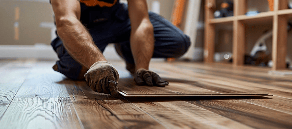 Professional flooring installer installing LVP flooring.