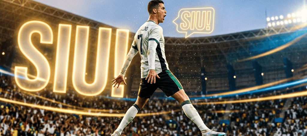 Cristiano Ronaldo performs his iconic Siu celebration in a packed football stadium.