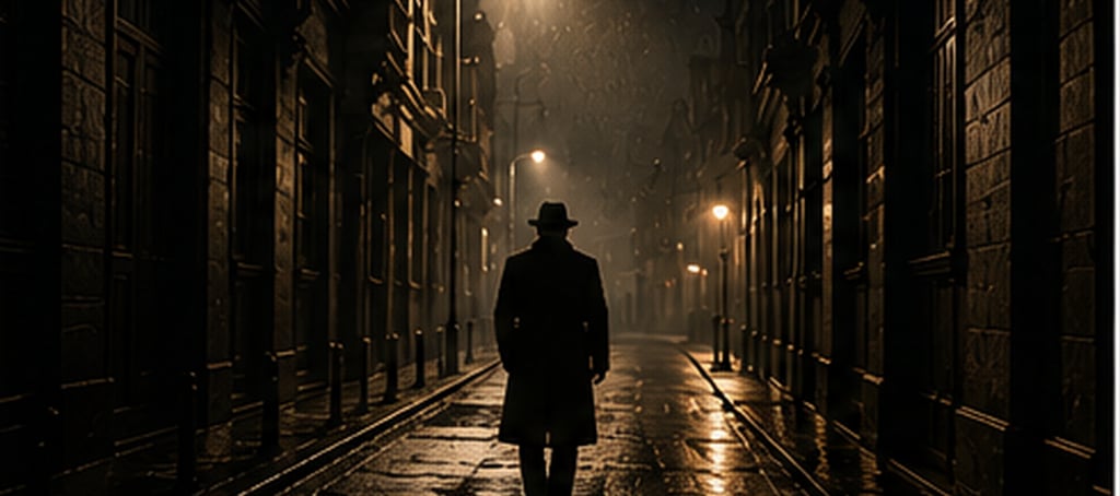 Figura solitaria en una calle oscura de estética noir.