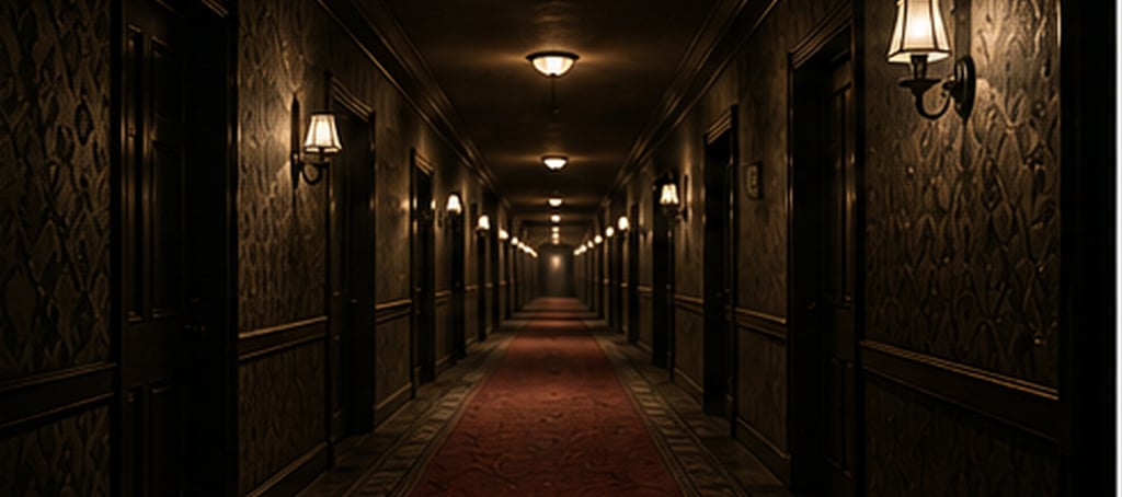 Pasillo oscuro de hotel con atmósfera de misterio.
