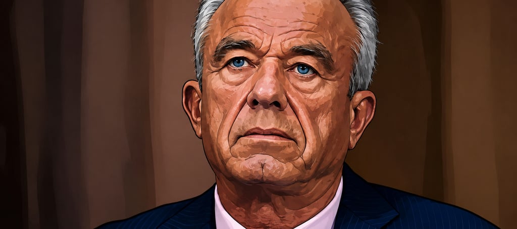 Digital portrait illustration of Robert F. Kennedy Jr. wearing a navy suit and pink shirt.