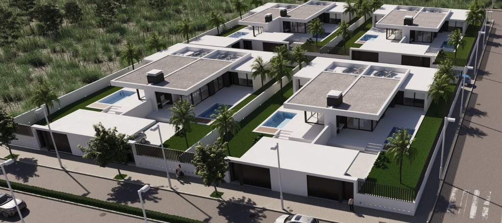 Render con vista de dron de Leoní Village — exclusiva promoción residencial en Sagunto, España