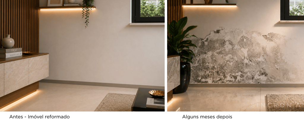 Imagem de parede interna de casa, antes e depois, com umidade ascendente.