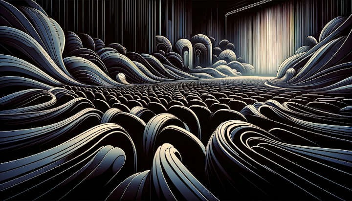 An exaggerated graphical representation of movie theater seats and screen curtain