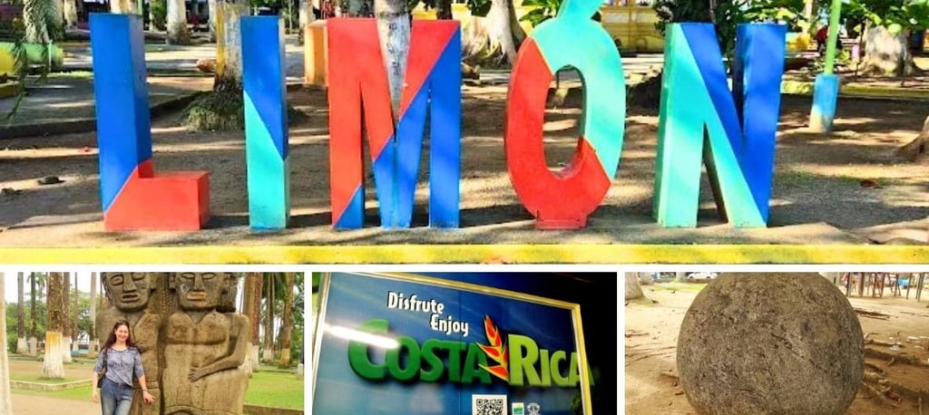 Autora explorando a praça histórica no centro de Limón, Costa Rica, com estátuas e áreas verdes