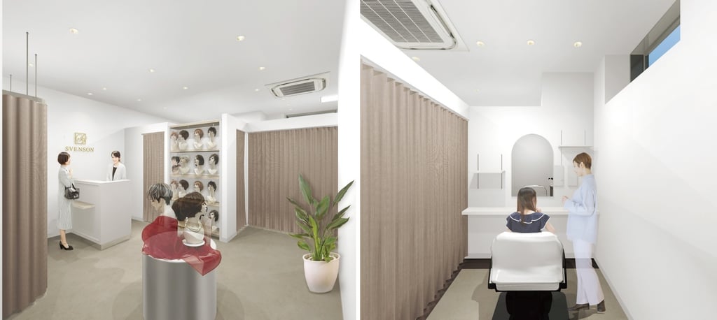 近畿大学おおさかメディカルキャンパス7号館内に移転したスヴェンソン「近大ヘアケアステーション」の店内。受付とウィッグ展示棚、仕切りのある施術スペースのようす|堺市のニュースならサカイタイムズ
