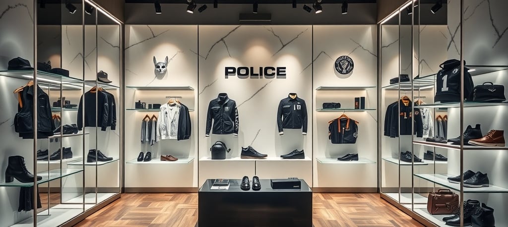 The image showcases a sleek and modern retail space for the Italian fashion brand Police.