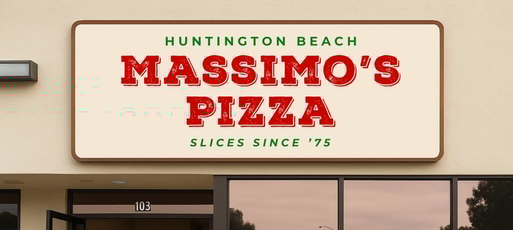 Massimo’s Pizza rebrand signage on storefront in Huntington Beach.