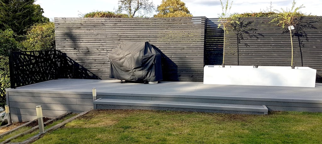 Plastic Composite Grey Modern Imitation Wooden Decking Terrace & Slatted Charcoal Fence