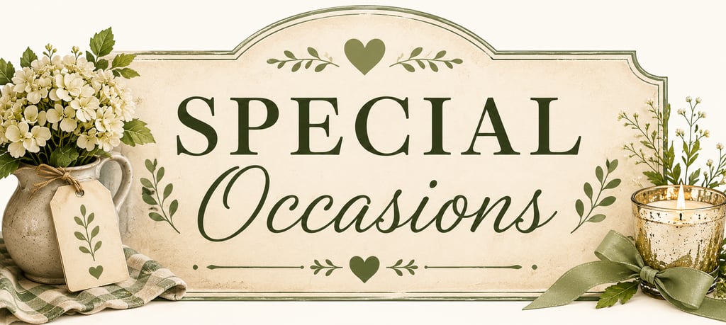 Rustic Special Occasions sign with white hydrangea flowers and a lit candle in a gold holder.