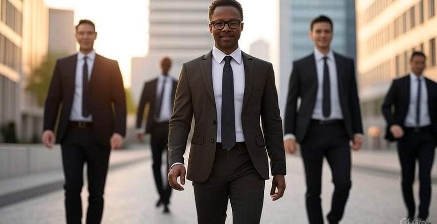 a man in a suit and tie walking down a street