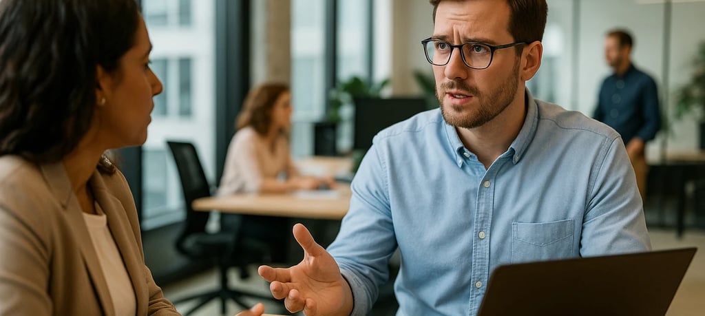 IT Manager and colleague discussing supplier options across a desk
