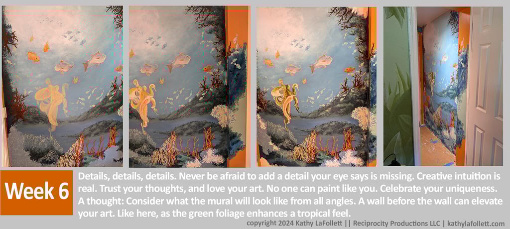 Four panel photo walk-through of how to paint a bathroom wall with a bump out mural of a coral reef.
