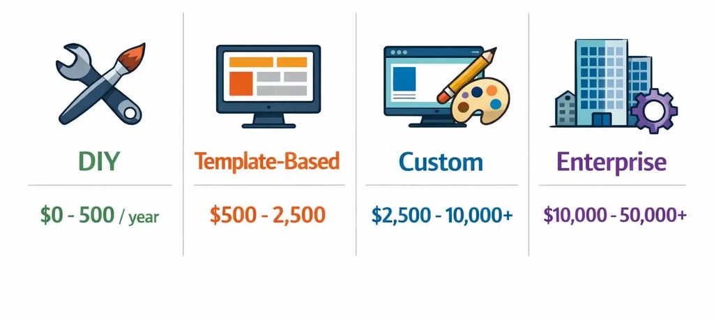 Website pricing tiers from DIY ($0-500) to enterprise ($10k-50k+)
