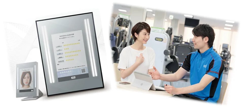 肌状態を測定する機器「Snow Beauty Mirror」と、運動アドバイスを受ける男女の様子｜堺市のニュースならサカイタイムズ