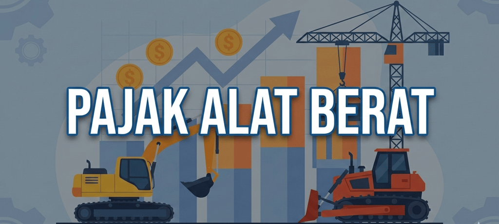 Ilustrasi pajak alat berat dengan gambar ekskavator, buldozer, dan crane di depan grafik keuangan.
