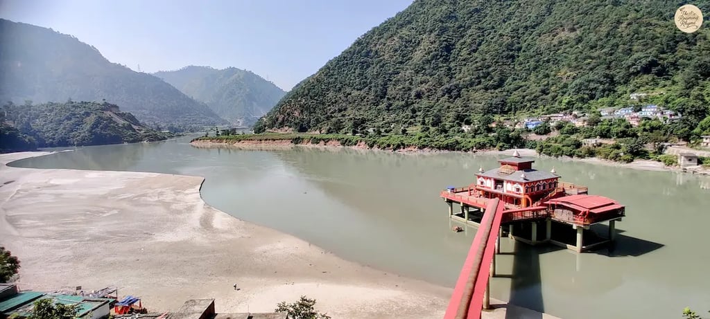 Island temple of Dhari Devi in the Alaknanda River, Uttarakhand, a sacred Himalayan shrine & guardian of Char Dham pilgrimage