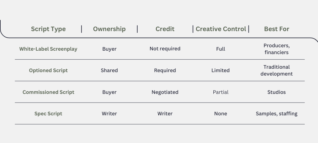 White-Label Screenplays vs. Other Script Types Table